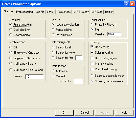 The XPRESS Parameter Options Dialog Box