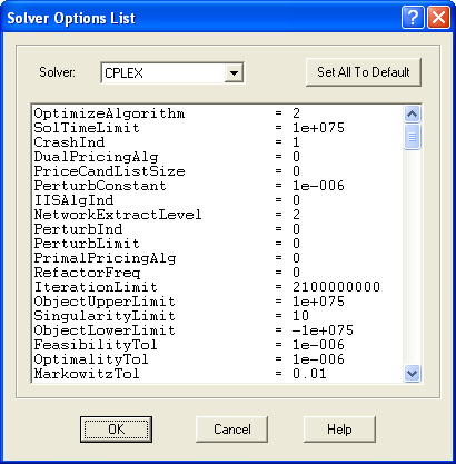 Solve Option List Dialog Box