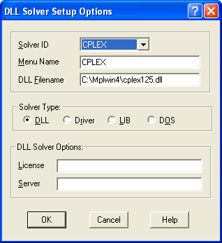 Solver Menu Setup Dialog Box